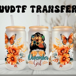 Emballage UVDTF, chignon pour maman, fille de novembre, papillon floral, boîte de 16 oz, verre, tasse, gobelet, emballage d'automne, prêt à poser, adhésif permanent