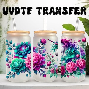 Emballage UVDTF Licorne florale 16 oz, boîte en verre, gobelet, emballage licorne, prêt à poser, adhésif imperméable permanent