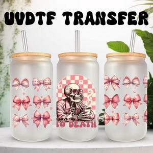 Emballage UVDTF Saint-Valentin, boîte de 16 oz, squelette, tasse en verre, papier Saint-Valentin, prêt à poser, adhésif imperméable permanent