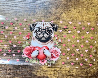 UVDTF Wrap Pug Mom Valentine voor 16oz blik glazen mokken bekers, klaar voor gebruik, permanente waterdichte lijm
