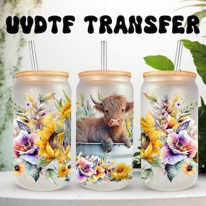 Emballage UVDTF Flower Highland Cow, boîte en fer blanc de 16 oz, gobelet en verre, film de vache, prêt à poser, adhésif imperméable permanent