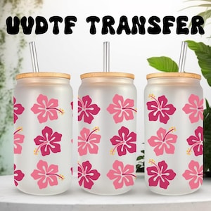 UVDTF Wrap Hibiskus Tropische Blume 16 Unze Dose Glasbecher Becher, Tropische Verpackung, auftragsfertig, permanentklebend, wasserdicht