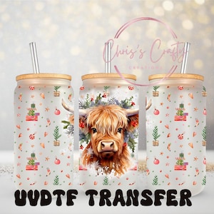 Emballage UVDTF Vache des Highlands de Noël, boîte de 16 oz, gobelet en verre, emballage de Noël, prêt à poser, adhésif imperméable permanent