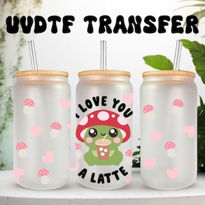 Emballage UVDTF champignon grenouille Love You a latte, boîte de 16 oz, gobelet en verre, emballage champignon, prêt à appliquer, adhésif imperméable permanent