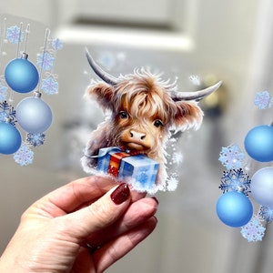 UVDTF Wrap Highland Kuh Blau Ornamente für 16 Unzen Dose Glasbecher Becher, Weihnachtsverpackung, auftragsfertig, permanenter wasserdichter Klebstoff