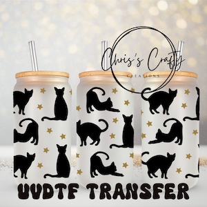 UVDTF Wrap schwarze Katzen Sterne für 16oz 20oz Dosen Glasbecher Becher, Katzenverpackung, haftfertig, permanenter wasserdichter Klebstoff