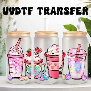 UVDTF Wrap, rose, café glacé, latte, canette de 16 oz, tasse en verre, prêt à poser, adhésif imperméable permanent, options double face