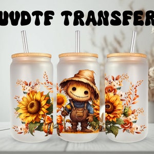 Emballage UVDTF, épouvantail d'automne floral 16 oz, boîte en verre, gobelet, emballage d'automne, option d'impression recto-verso, prêt à poser, adhésif permanent
