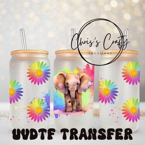 Emballage UVDTF Elephant Floral pour mug 16 oz, prêt à poser, adhésif imperméable permanent, à ajouter sur une tasse