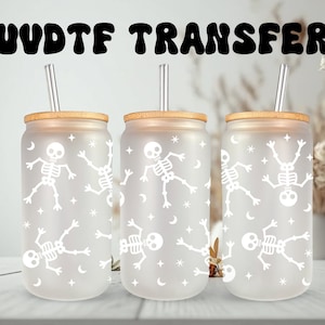 Emballage UVDTF, squelettes blancs d'Halloween, boîte de 16 oz, verre, tasse, emballage pour verre, prêt à poser, adhésif permanent, option recto-verso