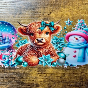 UVDTF Wrap Highland Kuh Schneemann SnowGlobe 16 Unzen Dose Glasbecher Becher, Weihnachtsverpackung, auftragsfertig, permanent klebend, doppelseitiger Druck