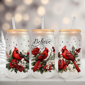 UVDTF WRAP Kardinal Believe Weihnachten 16 Unzen Dose Glasbecher Becher, Weihnachtsverpackung, gebrauchsfertig, wasserdicht, permanent klebend