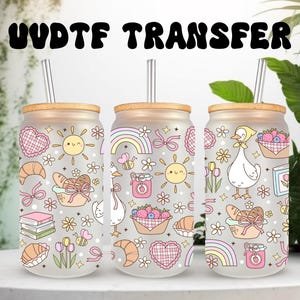 Emballage UVDTF, oie florale printanière, boîte de pique-nique de 16 oz, gobelet en verre, oie blanche, prête à poser, adhésif imperméable permanent