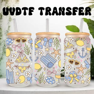 Taza de vidrio UVDTF Wrap Girly Summer Lemon de 16 oz, diseño de verano de frutas, lista para aplicar, adhesivo permanente impermeable