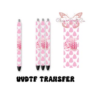 Adhesivo UVDTF para bolígrafo, diseño de árboles navideños rosas, listo para aplicar, adhesivo permanente e impermeable.