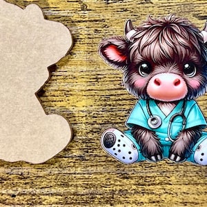 Highland Cow Nurse Badge Reel DIY Set Acrylic Blank Matching UVDTF Decal Transfer Kit