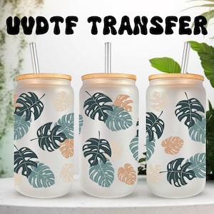 UVDTF-wrap Monstera kamerplanten voor glazen mok of beker van 16 oz, klaar voor gebruik, permanente waterdichte lijm. Dubbelzijdige optie