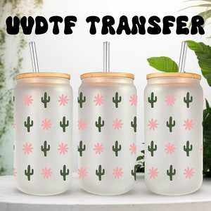 UVDTF Wrap Mini Flor de Cacto Lata de 16oz Vidro, Caneca, Copo, Envoltório de Cacto, Pronto para aplicar, Adesivo Permanente à Prova D'água