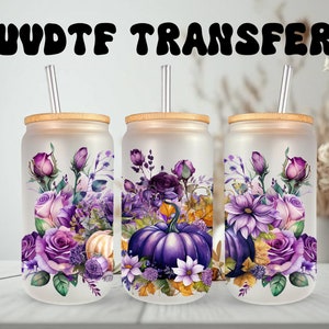 Emballage UVDTF, citrouille d'automne, fleurs violettes, boîte de 16 oz, emballage pour verre, prêt à poser, adhésif permanent, option recto-verso