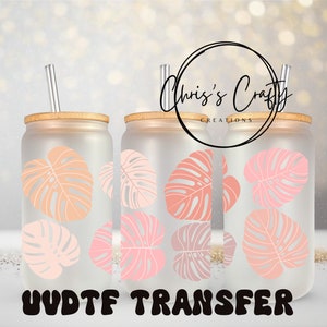 UVDTF Wrap Monstera pastel neutre 16 oz, boîte en verre, verre, plante d'intérieur, prêt à poser, adhésif imperméable permanent