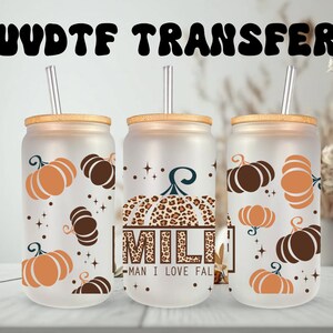 Emballage UVDTF Fall Love 16 oz, boîte en verre, tasse ou gobelet, emballage citrouille léopard d'automne, prêt à appliquer, adhésif permanent