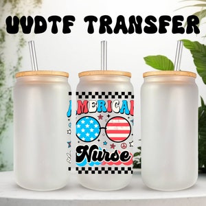 Décalcomanie UVDTF infirmière américaine, lunettes de soleil patriotiques, boîte de 16 oz, tasse en verre, décalcomanie d'infirmière, prête à poser, adhésif imperméable permanent