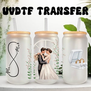 UVDTF Wrap Braut Mrs. & Mr. für 16 Unzen Dose Glasbecher Becher, Hochzeitsverpackung, gebrauchsfertig, permanenter wasserdichter Klebstoff