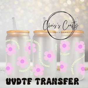 UVDTF Wrap Retro Purple Daisy Coffee Expresso 16 oz, canette en verre, prêt à poser, adhésif permanent imperméable, impression recto-verso