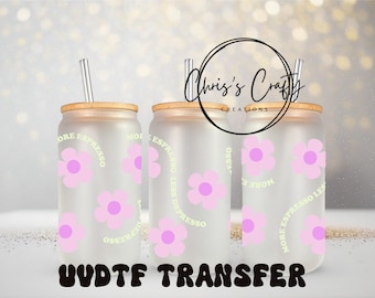 May include: Four frosted glass tumblers with bamboo lids and straws. Each tumbler features a pink flower design and the text "More Espresso Less Depresso".