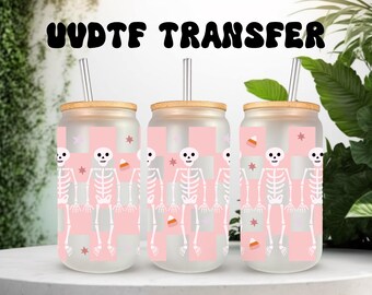 Checkered Skeleton UVDTF Wrap: Halloween Floral Design for 16oz Glass Can