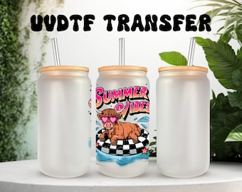 Calcomanía UVDTF de vaca de las Tierras Altas con vibraciones de verano: lata de vidrio de 16 oz, vaso de 40 oz