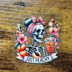 UVDTF Decal Retro Skeleton Just Peachy 16oz Can Glass Mug Tumbler or Mug, Ready to Apply, Permanent Waterproof Adhesive, add on a cup