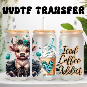 UVDTF Wrap Highland Cow Tutu Iced Coffee 16oz Can Glass Mug Tumbler ...
