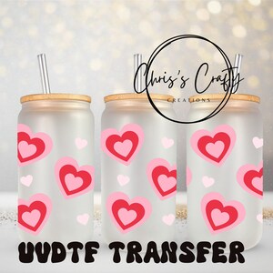 UVDTF Wrap Saint-Valentin coeurs d'amour rose rouge 16 oz, boîte en verre, gobelet, papier coeur, prêt à poser, adhésif imperméable permanent