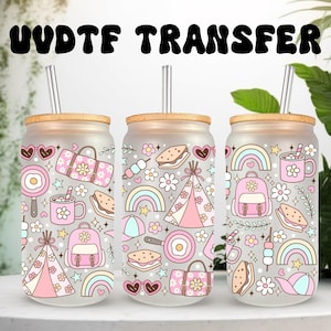 UVDTF Wrap Girly Camp, lata de 16oz, copo de vidro, pronto para aplicar, Camp Wrap, adesivo permanente à prova d'água