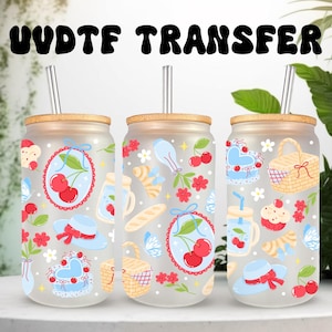 Emballage UVDTF coquette cerise, boîte de 16 oz pour pique-nique, mug en verre, impression cerise, prêt à poser, adhésif imperméable permanent