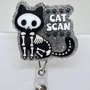 Funny CAT SCAN Badge Reel - Black Cat Skeleton with Glitter Paw Print