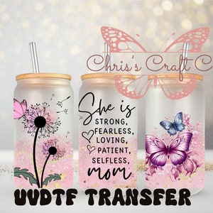 Emballage UVDTF Floral Mom Strong pour boîte de 16 oz, gobelet en verre, cadeaux pour maman, prêt à poser, adhésif imperméable permanent. Ajouter un verre de canette