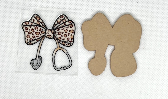 Leopard Bow Stethoscope Acrylic Blank and UVDTF Decal Set, DIY Badge Reel