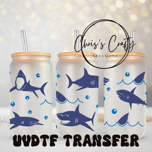 Emballage UVDTF Blue Sharks, boîte de 16 oz, emballage en verre, emballage de requin, prêt à poser, adhésif imperméable permanent, option double face