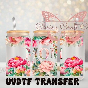 Emballage UVDTF floral pour boîte de 16 oz, gobelet, prêt à poser, adhésif imperméable permanent, ajout sur une boîte en verre, cadeau pour maman