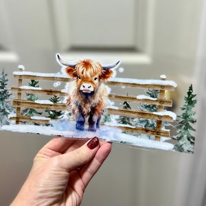 UVDTF Wrap Highland Kuh Winter Schneezaun für 16 Unzen Dose Glas, Becher, Becher, Winterverpackung, auftragsfertig, permanent haftend, doppelseitig