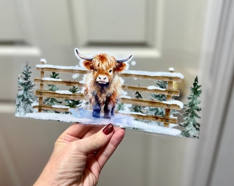 UVDTF ONLY Wrap Exclusive for 16 oz can Highland Cow Winter Fence | Ready to Apply | Permanent Waterproof Adhesive