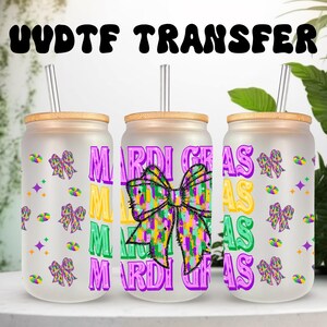 Emballage UVDTF Coquette Mardi Gras, boîte de 16 oz, gobelet en verre, emballage Mardi Gras, prêt à appliquer, adhésif imperméable permanent