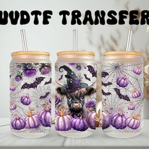 UVDTF Witch Highland Cow, citrouilles violettes, boîte de 16 oz, gobelet en verre, option d'impression recto-verso, prêt à poser