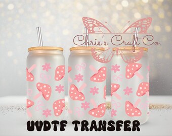UVDTF Wrap Coquette Bow Mushroom Flower Lattina da 16 oz in vetro, pronta per l'applicazione, adesivo impermeabile permanente, da aggiungere al vetro della lattina