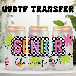 Emballage UVDTF Senior 2025 à carreaux pour boîte de 16 oz, gobelet et tasse en verre, Graduate 2025, prêt à poser, adhésif imperméable permanent, exclusif