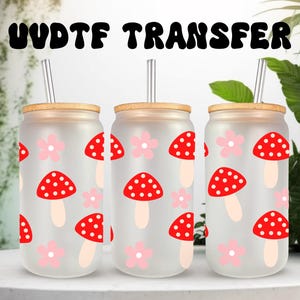 UVDTF Wrap Red Mushrooms Floral 16oz Can Glass Mug Tumbler, Mushroom Floral Wrap, Ready to apply, Permanent Waterproof Adhesive