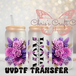 UVDTF Floral Mom, boîte de 16 oz, gobelet en verre, emballage 3D pour maman, prêt à poser, adhésif imperméable permanent