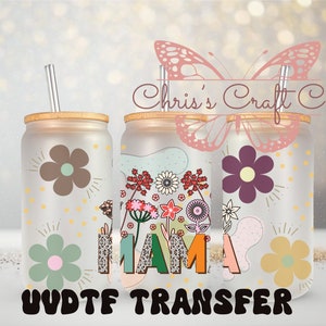 UVDTF Wrap Retro Floral Mama 16 oz Canette de verre, Mug, prêt à poser, Adhésif permanent imperméable à l'eau, Ajouter sur une boîte en verre, Cadeau pour maman